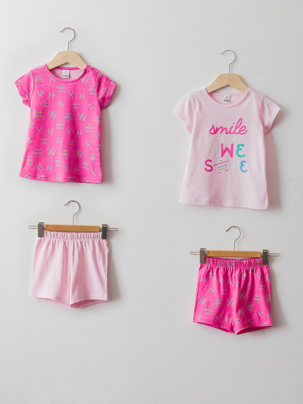  Crew Neck Short Sleeve Printed Baby Girls' Pyjamas Set 4-piece