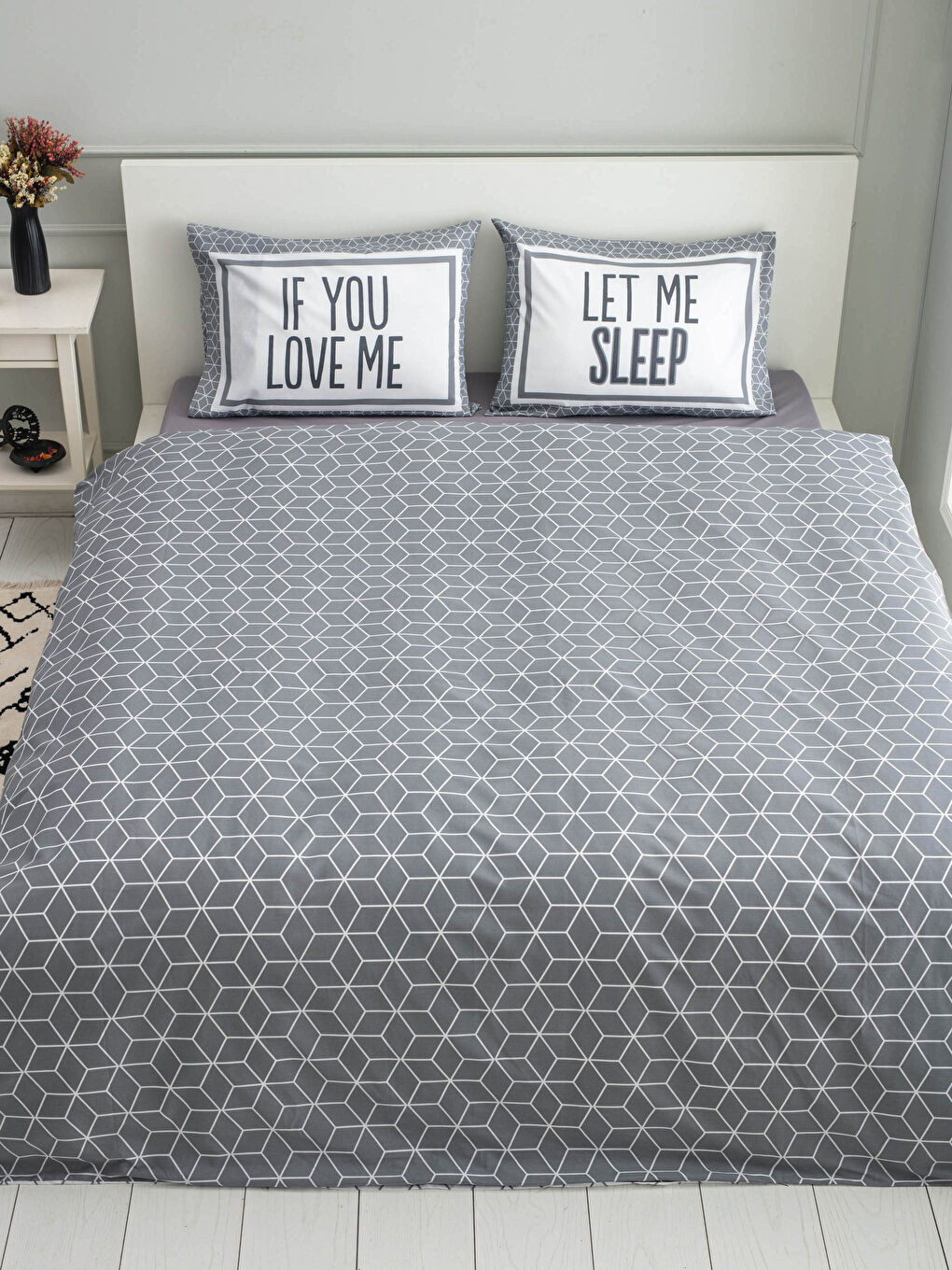 Gri Çift Kişilik Desenli Dokuma Nevresim Takımı-3