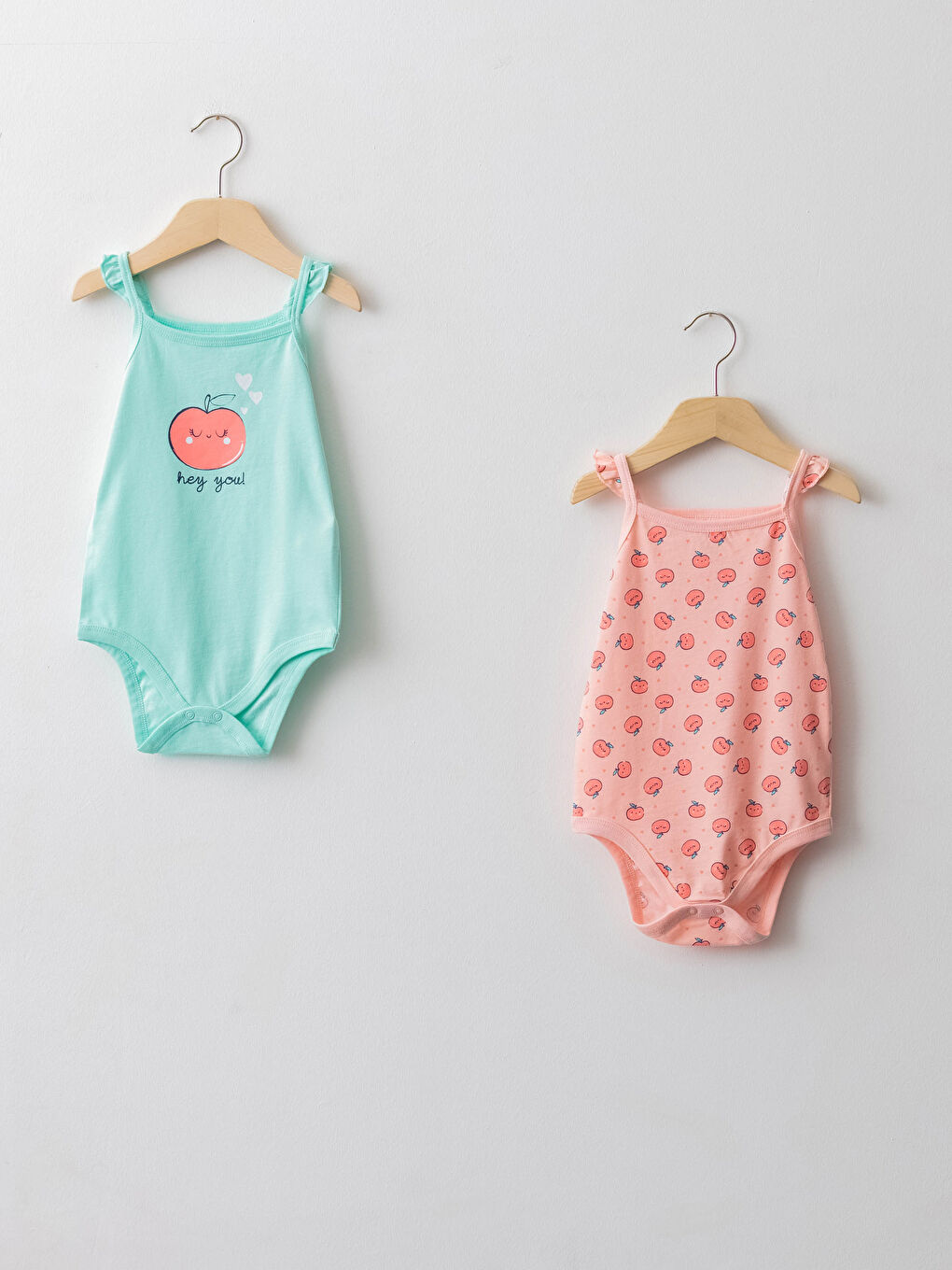 Pembe Kare Yaka Askılı Pamuklu Baskılı Kız Bebek Çıtçıtlı Body 2'li