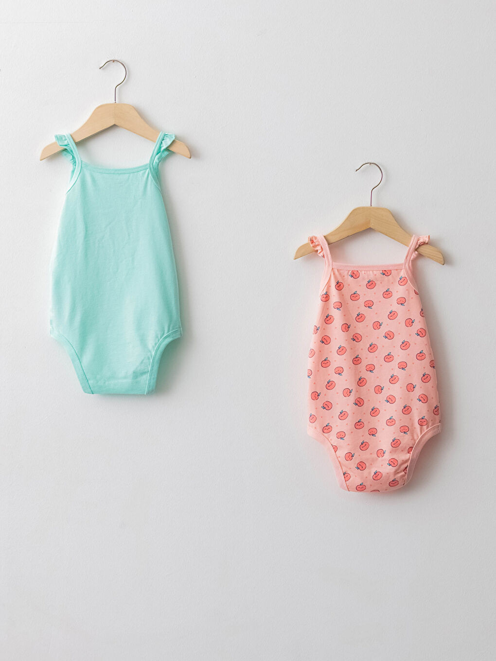 Pembe Kare Yaka Askılı Pamuklu Baskılı Kız Bebek Çıtçıtlı Body 2'li-1