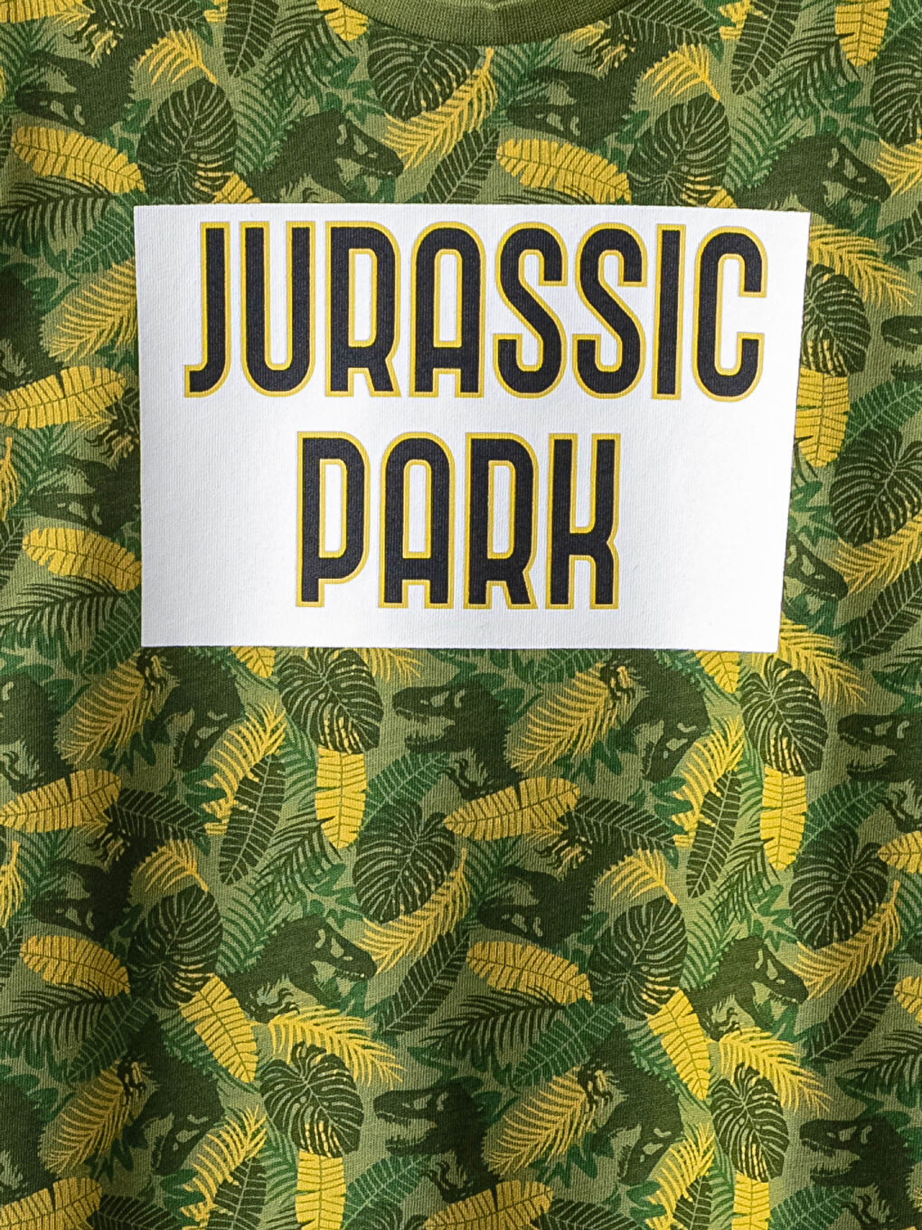 Haki Bisiklet Yaka Jurassic Park Baskılı Kısa Kollu Pamuklu Erkek Çocuk Tişört-2