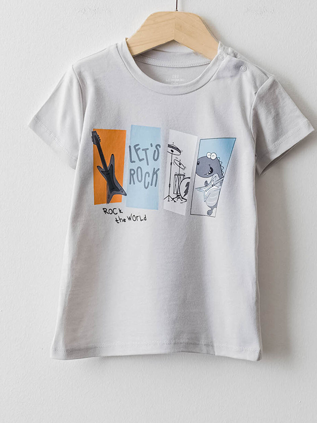 Gri Bisiklet Yaka Kısa Kollu Baskılı Pamuklu Erkek Bebek Tişört 2'li-2