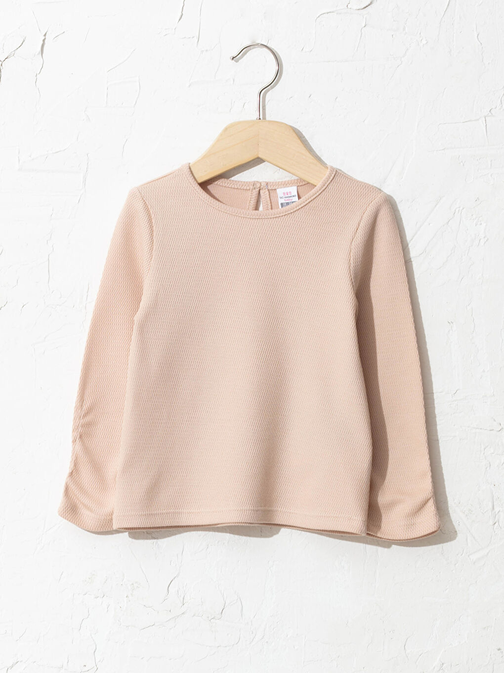 Bej Bisiklet Yaka Uzun Kol Basic Kız Bebek Tişört