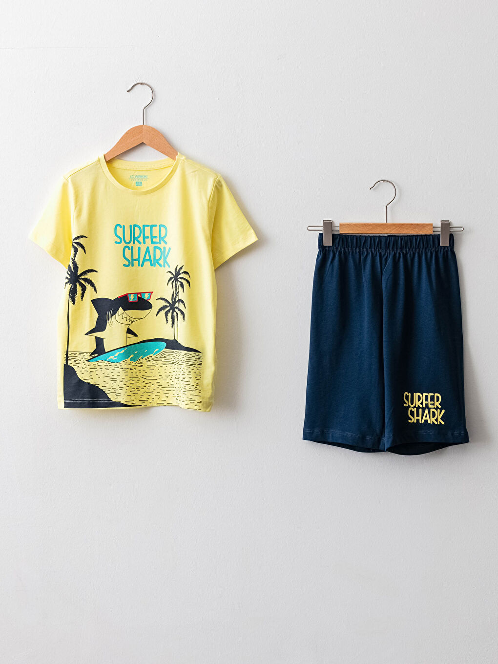 Sarı Bisiklet Yaka Baskılı Kısa Kollu Pamuklu Erkek Çocuk Şortlu Pijama Takımı