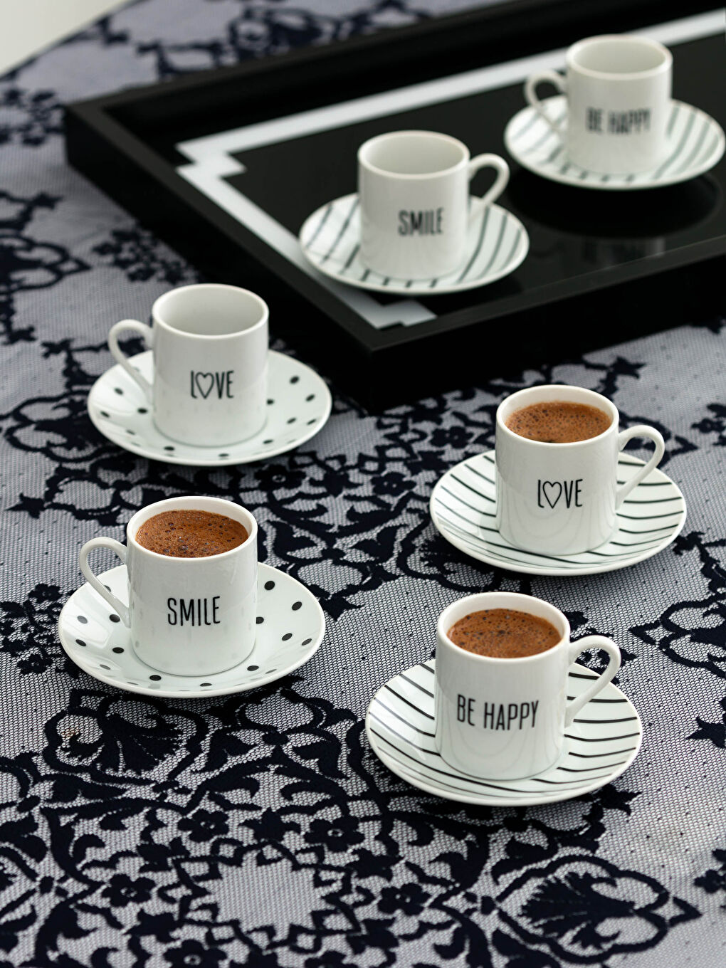 Siyah Slogan Baskılı Porselen Kahve Fincanı 6'lı 90 ml