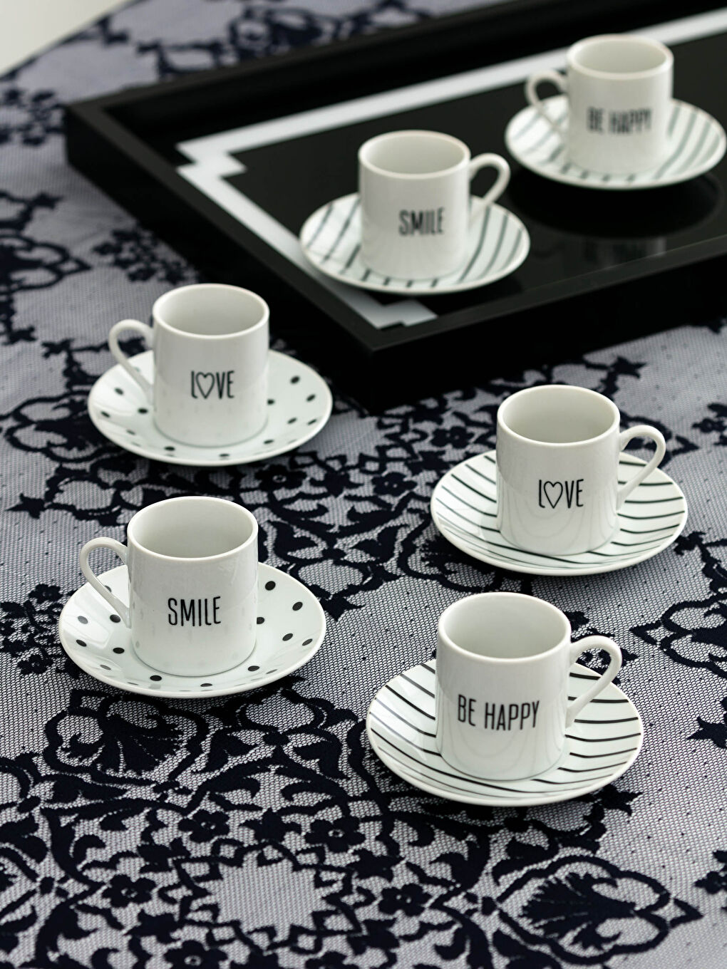 Siyah Slogan Baskılı Porselen Kahve Fincanı 6'lı 90 ml-1
