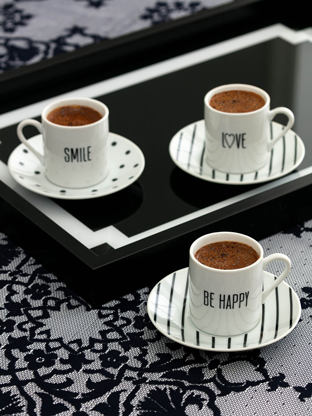 Siyah Slogan Baskılı Porselen Kahve Fincanı 6'lı 90 ml-2
