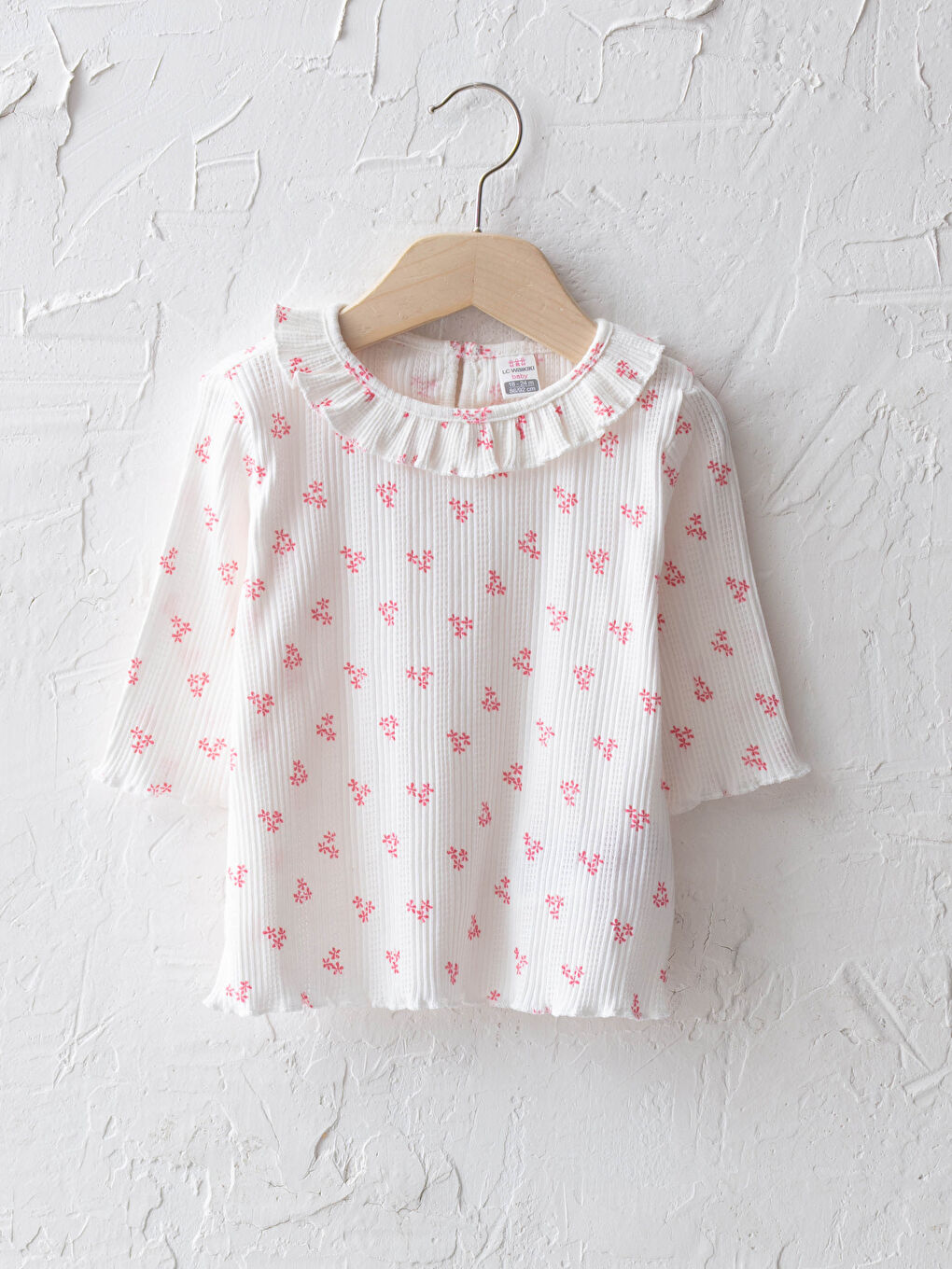 تيشيرت بناتي رضع قطن مطبوع بنقشة وأكمام طويلة ورقبة دائرية مكشكشة