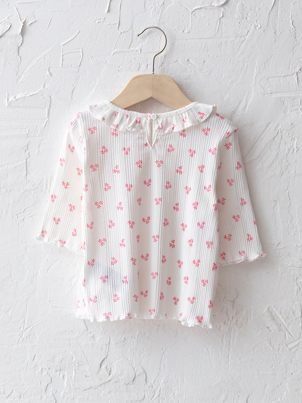 تيشيرت بناتي رضع قطن مطبوع بنقشة وأكمام طويلة ورقبة دائرية مكشكشة-1