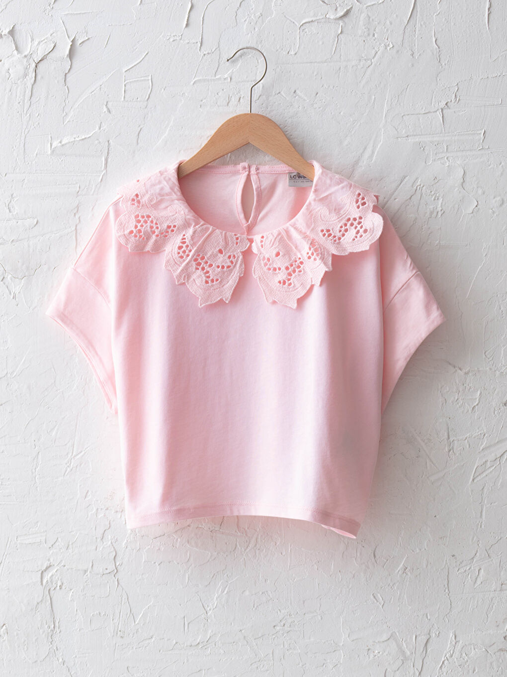 Crew Neck Scalloped Detail Basic Short Sleeve Girls Blouse