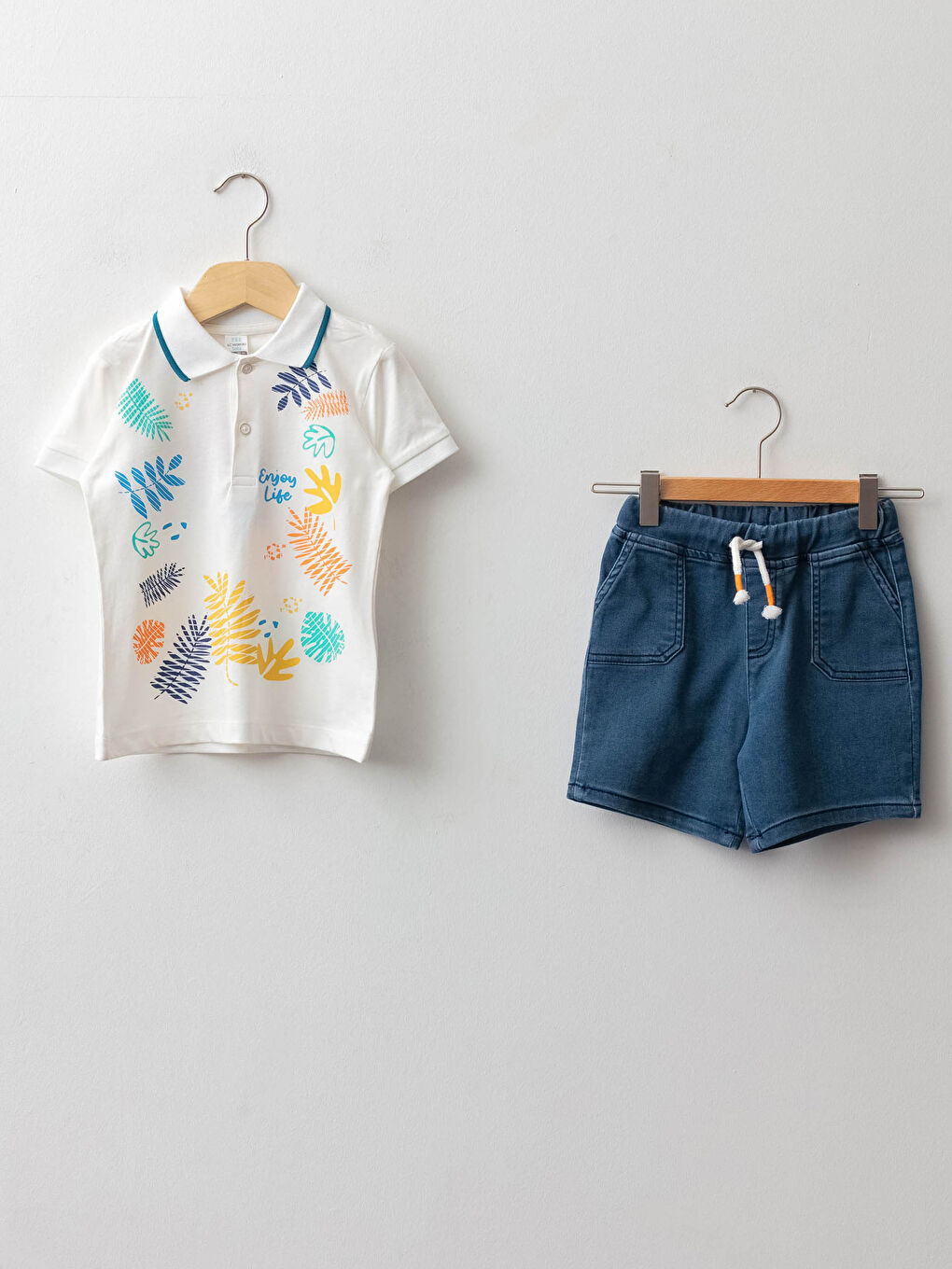 Polo Collar Short Sleeve Printed Baby Boy T-Shirt and Jean Shorts 2-Pack Set