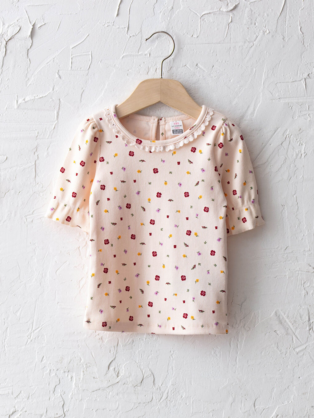 Ekru Bisiklet Yaka Kısa Kol Baskılı Kız Bebek Tişört