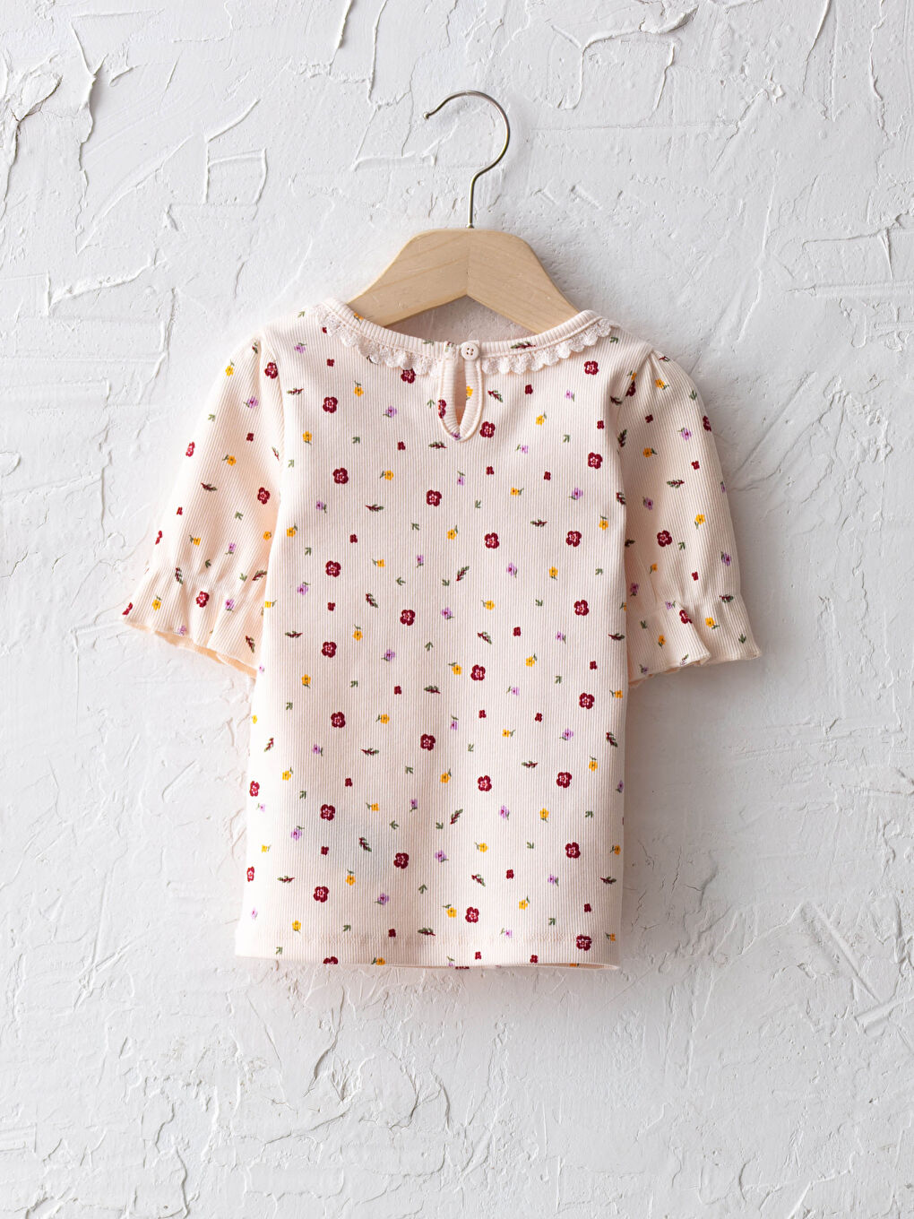 Ekru Bisiklet Yaka Kısa Kol Baskılı Kız Bebek Tişört-1