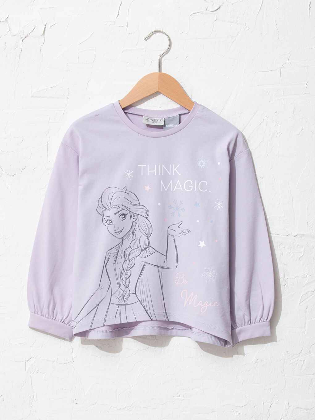 Lila Bisiklet Yaka Elsa Baskılı Uzun Kollu Kız Çocuk Tişört