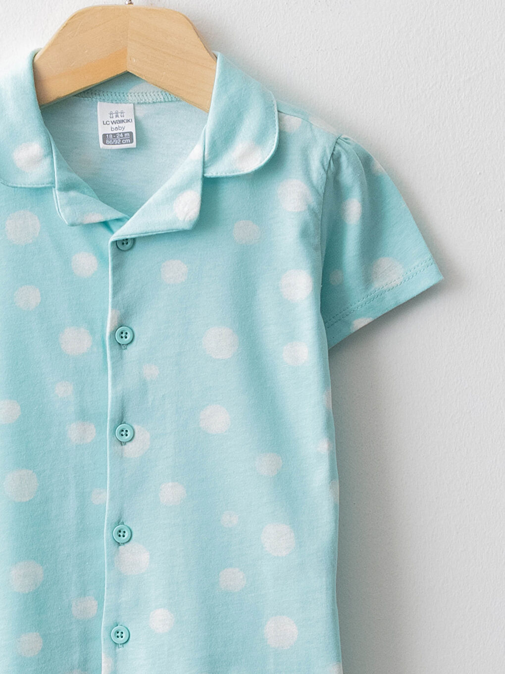 Turkuaz Gömlek Yaka Kısa Kollu Puantiye Desenli Kız Bebek Pijama Takımı-2