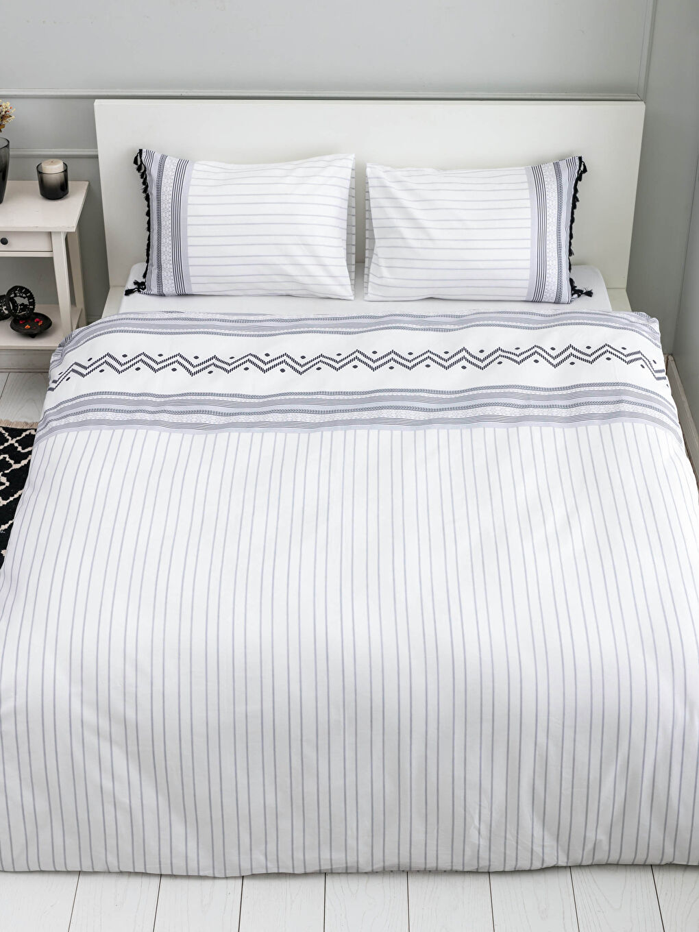 غطاء لحاف مزدوج مخطط وجهين وكيس مخدة-3