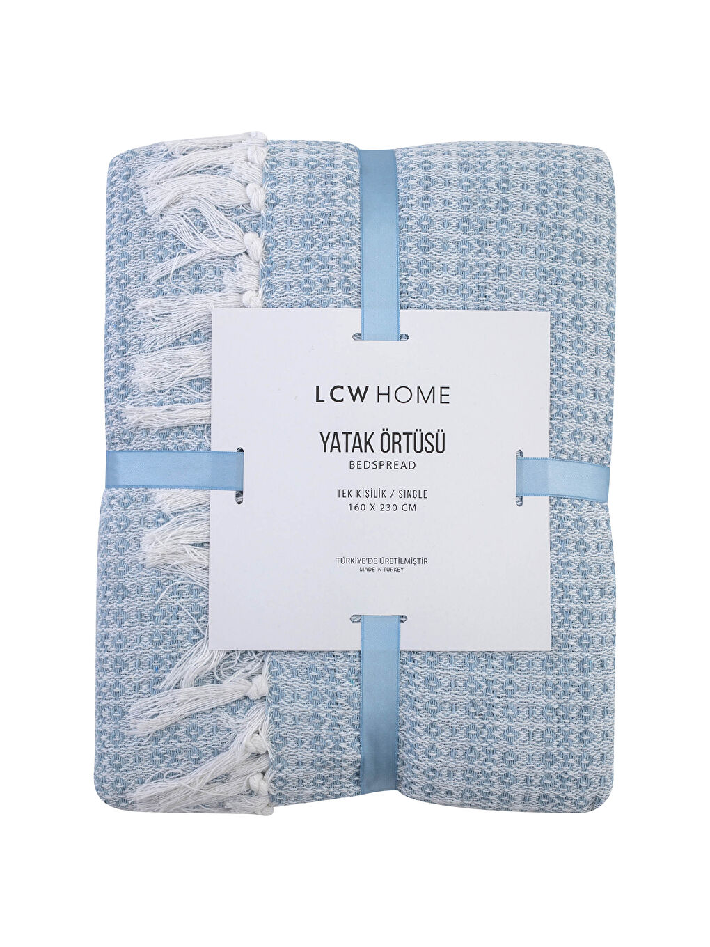 Mavi Tek Kişilik Kendinden Desenli Püsküllü Yatak Örtüsü 160x230 cm-3