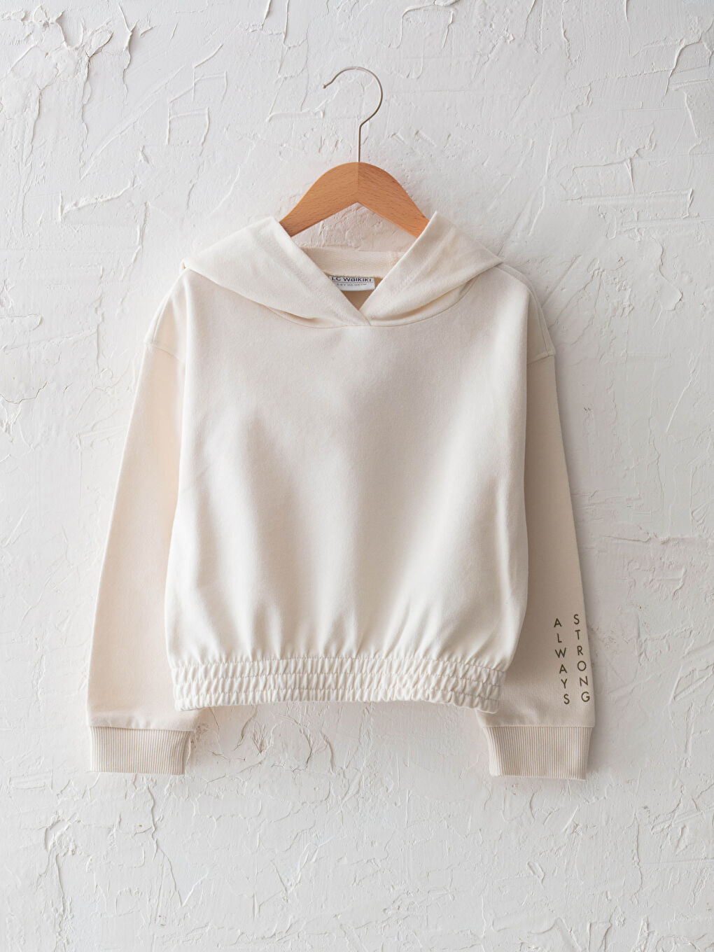 Ekru Kapüşonlu Baskılı Uzun Kollu Kız Çocuk Sweatshirt