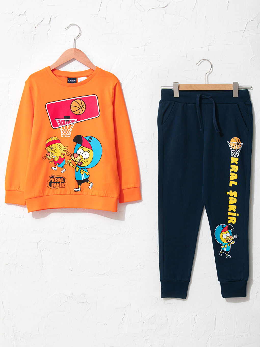 Turuncu Bisiklet Yaka Kral Şakir Baskılı Uzun Kollu Erkek Çocuk Sweatshirt ve Eşofman Altı