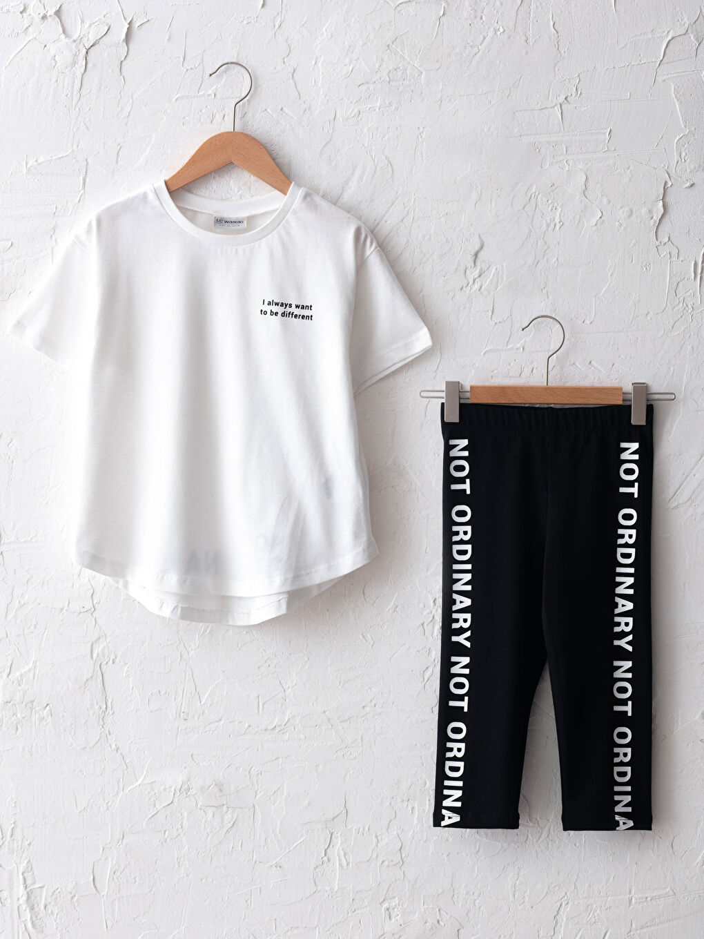 Crew Neck Slogan Lettering Printed Short Sleeve Girls T-Shirt and Tights -S1DT17Z4-FDU
