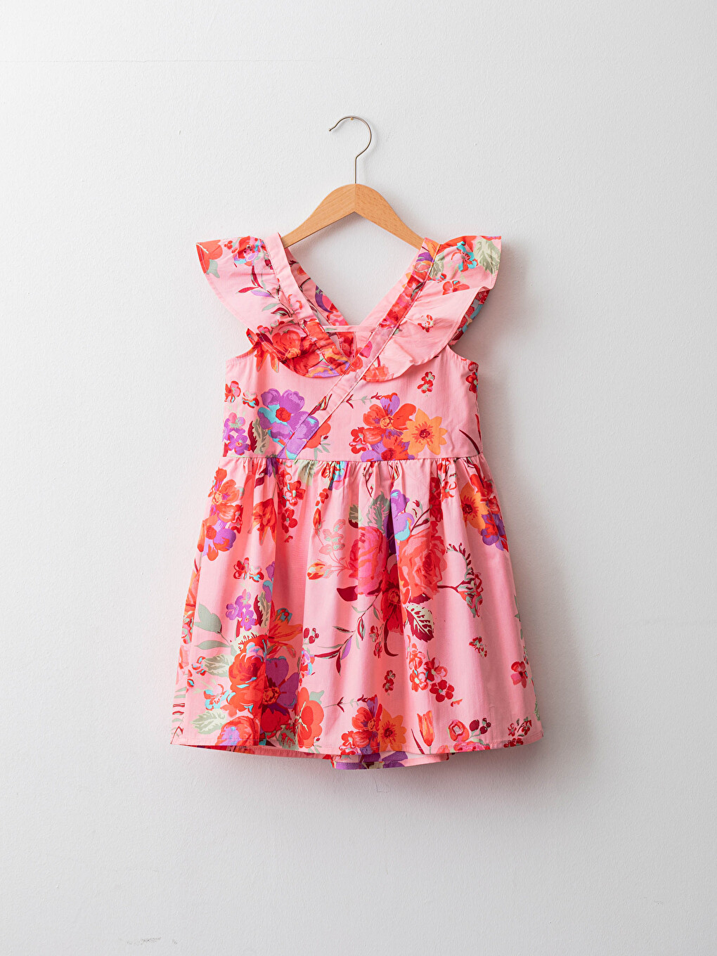 V Neck Floral Pattern Ruffle Detail Poplin Girl Dress-1
