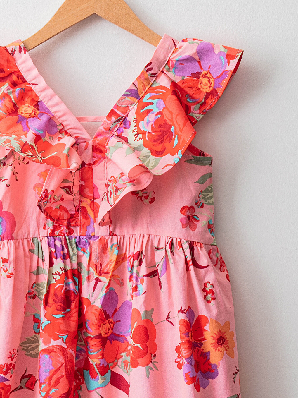 V Neck Floral Pattern Ruffle Detail Poplin Girl Dress-2
