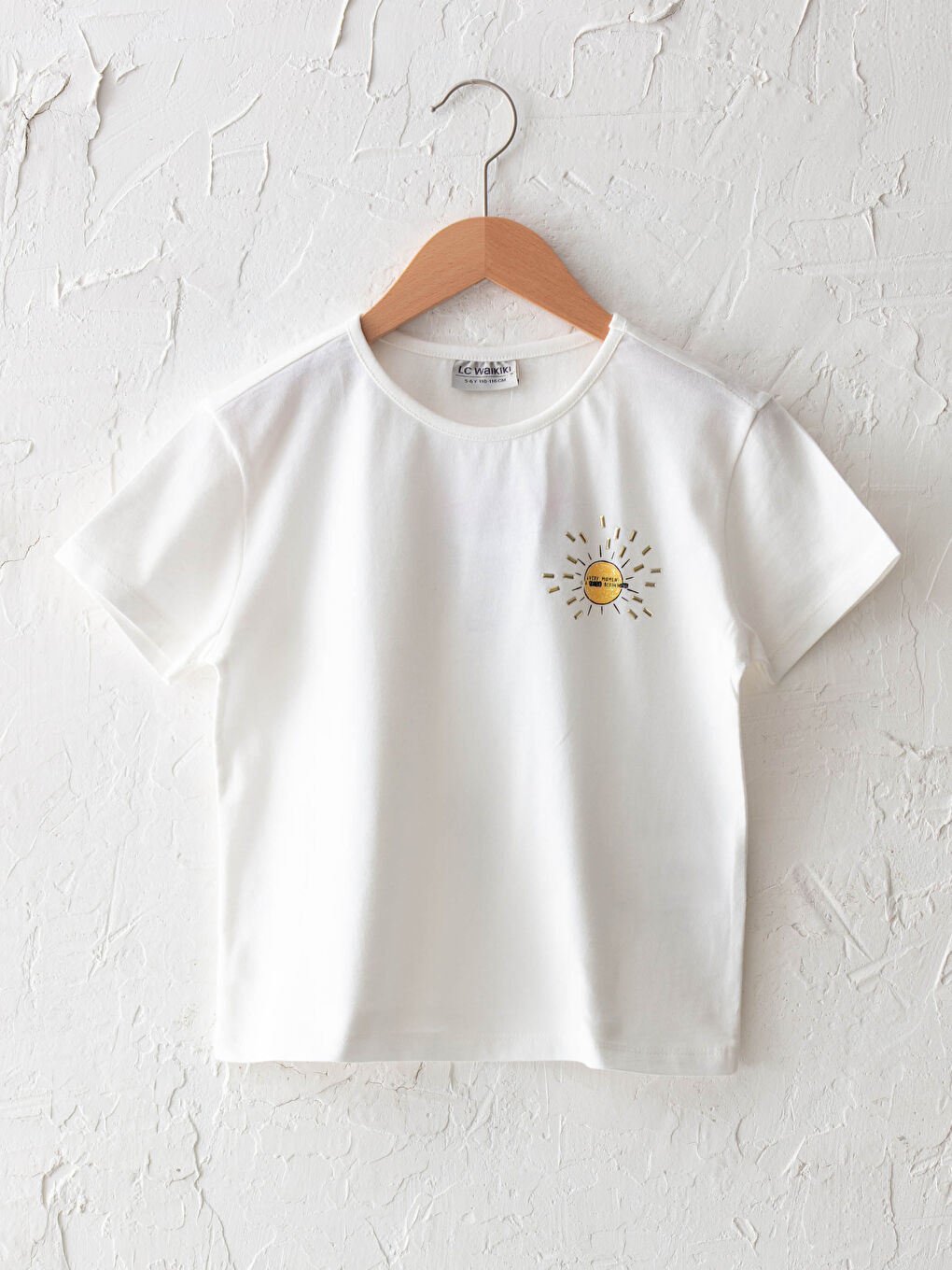 Ekru Bisiklet Yaka Baskılı Kısa Kollu Kız Çocuk Tişört