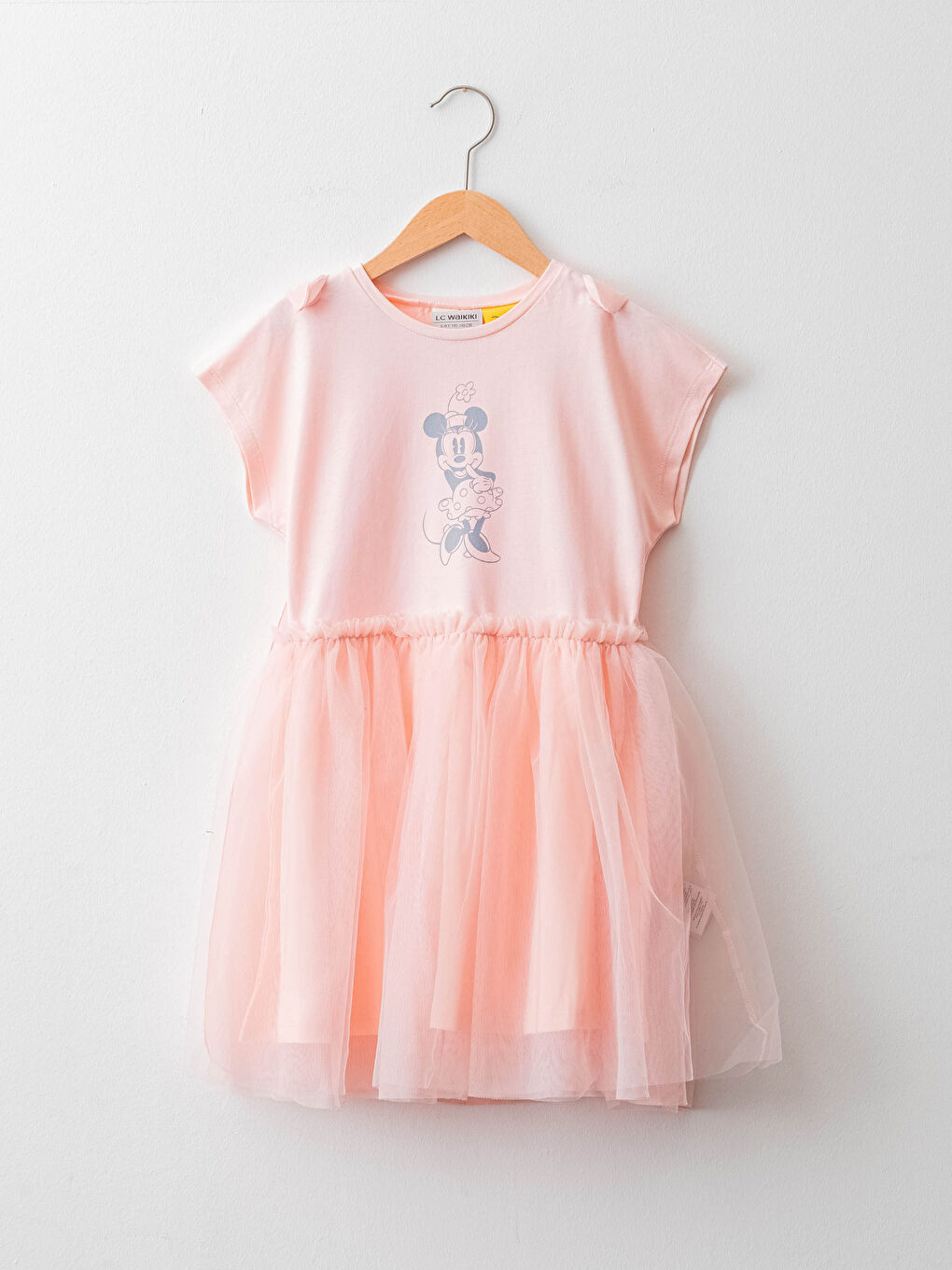 Crew Neck Minnie Mouse Printed Short Sleeve Tulle Girl Dress and Cape