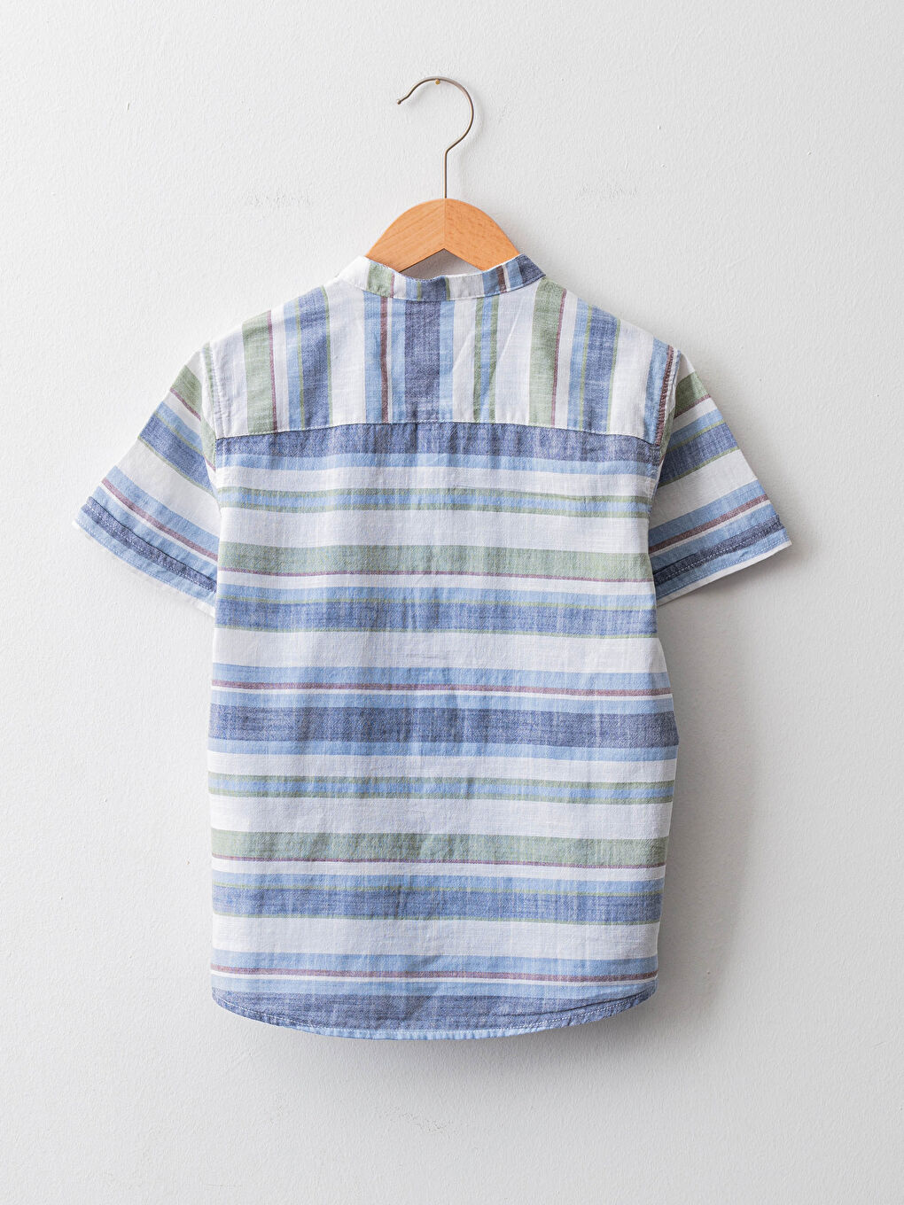 Сорочка для хлопчика зі смугастим візерунком, коротким рукавом і коміром-стійкою з попліну-1