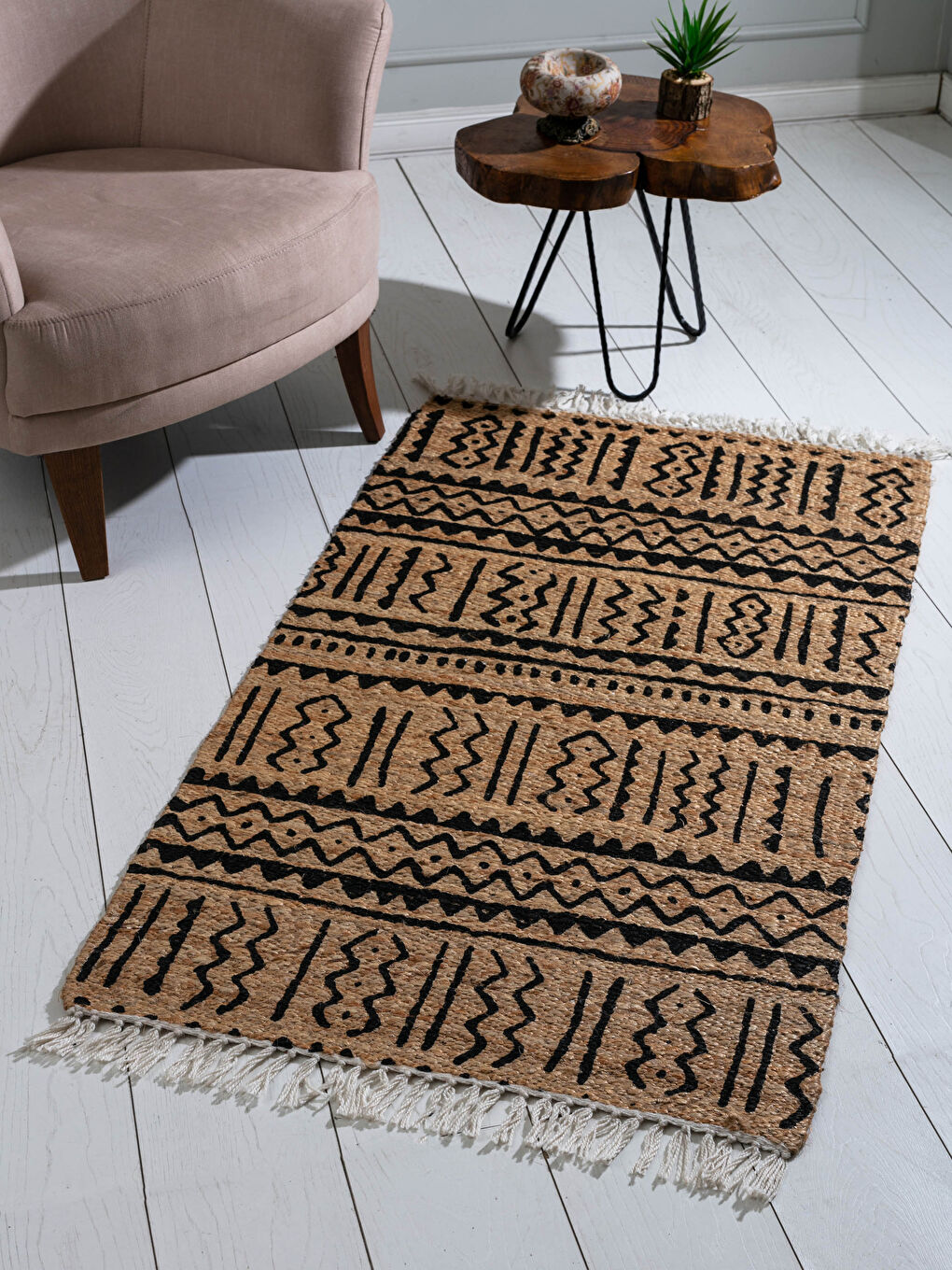 Bej Jüt Saçaklı Halı 80x140 cm