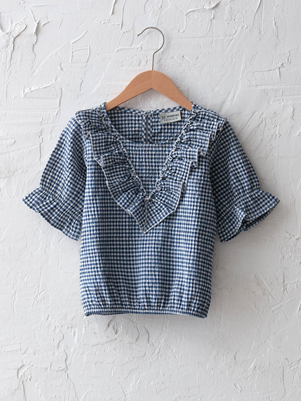 Mavi Bisiklet Yaka Fırfır Detaylı Kısa Kollu Poplin Kız Çocuk Bluz