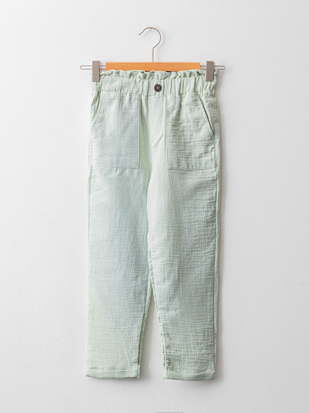 Yeşil Beli Lastikli Basic Poplin Kız Çocuk Pantolon