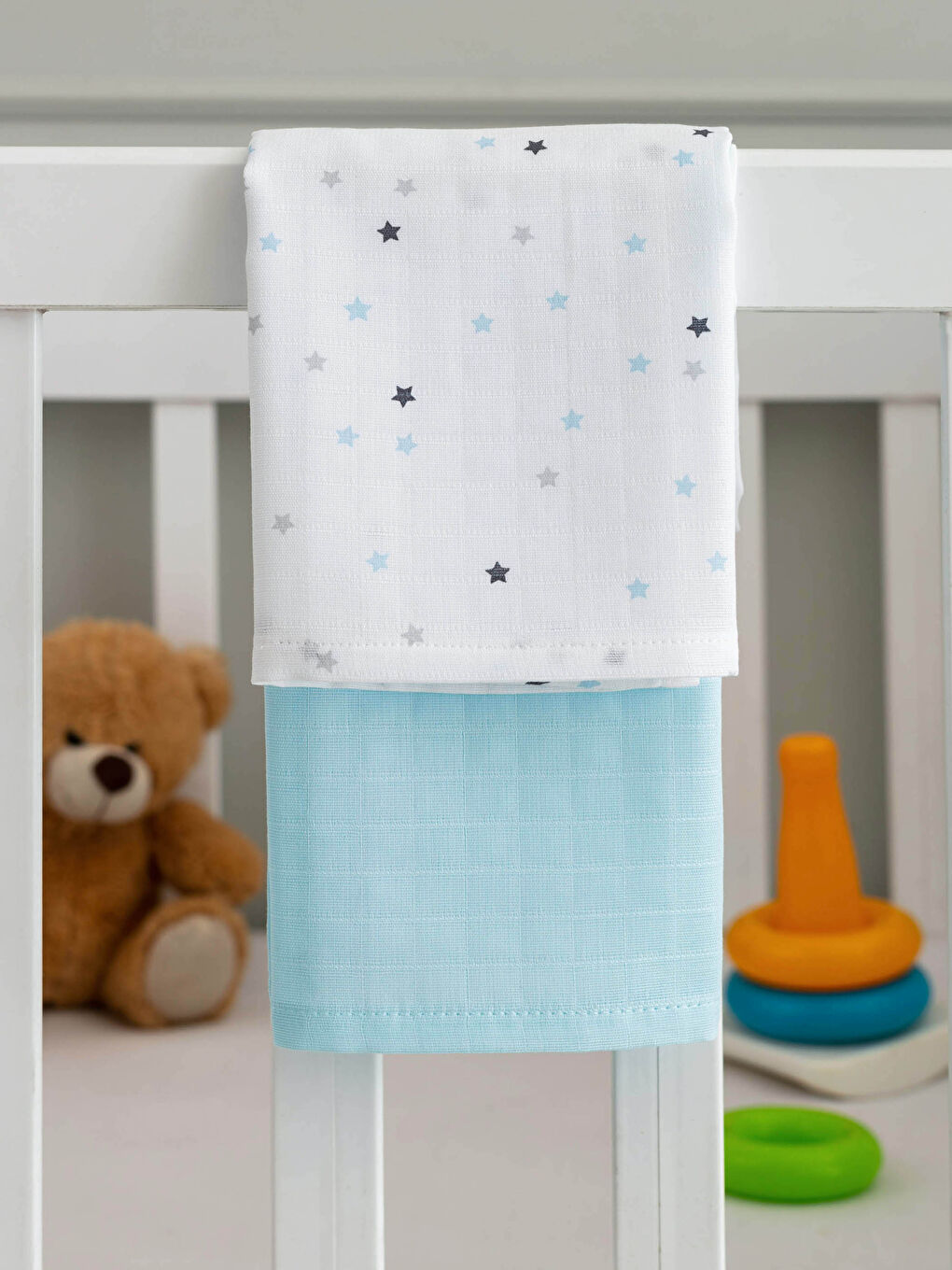 Mavi Erkek Bebek Desenli Müslin Bez 2'li