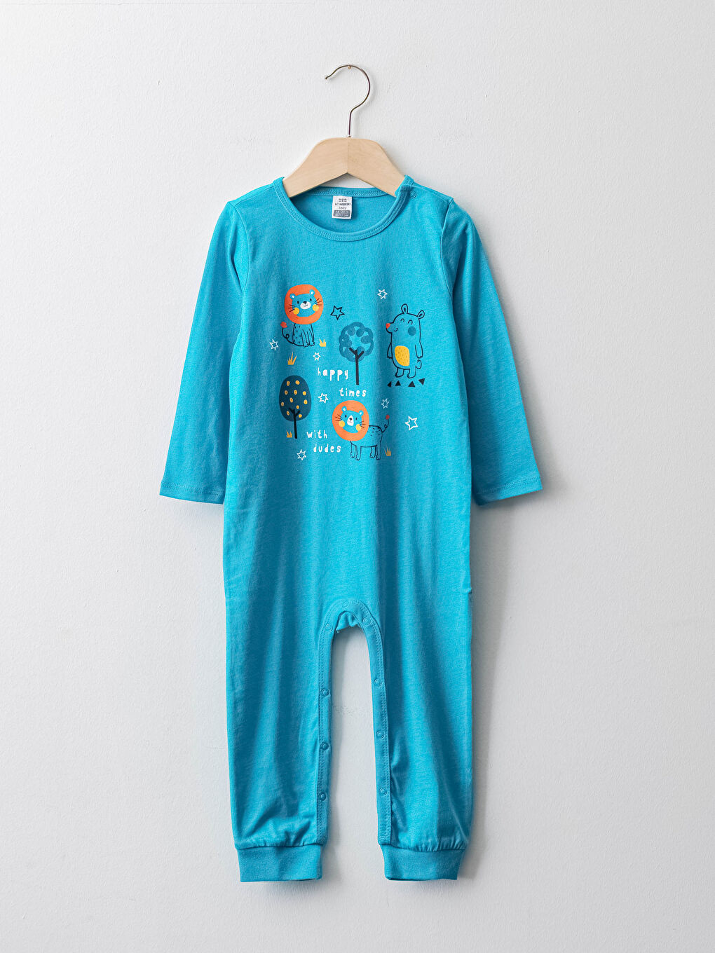 Turkuaz Bisiklet Yaka Uzun Kollu Baskılı Pamuklu Erkek Bebek Tulum