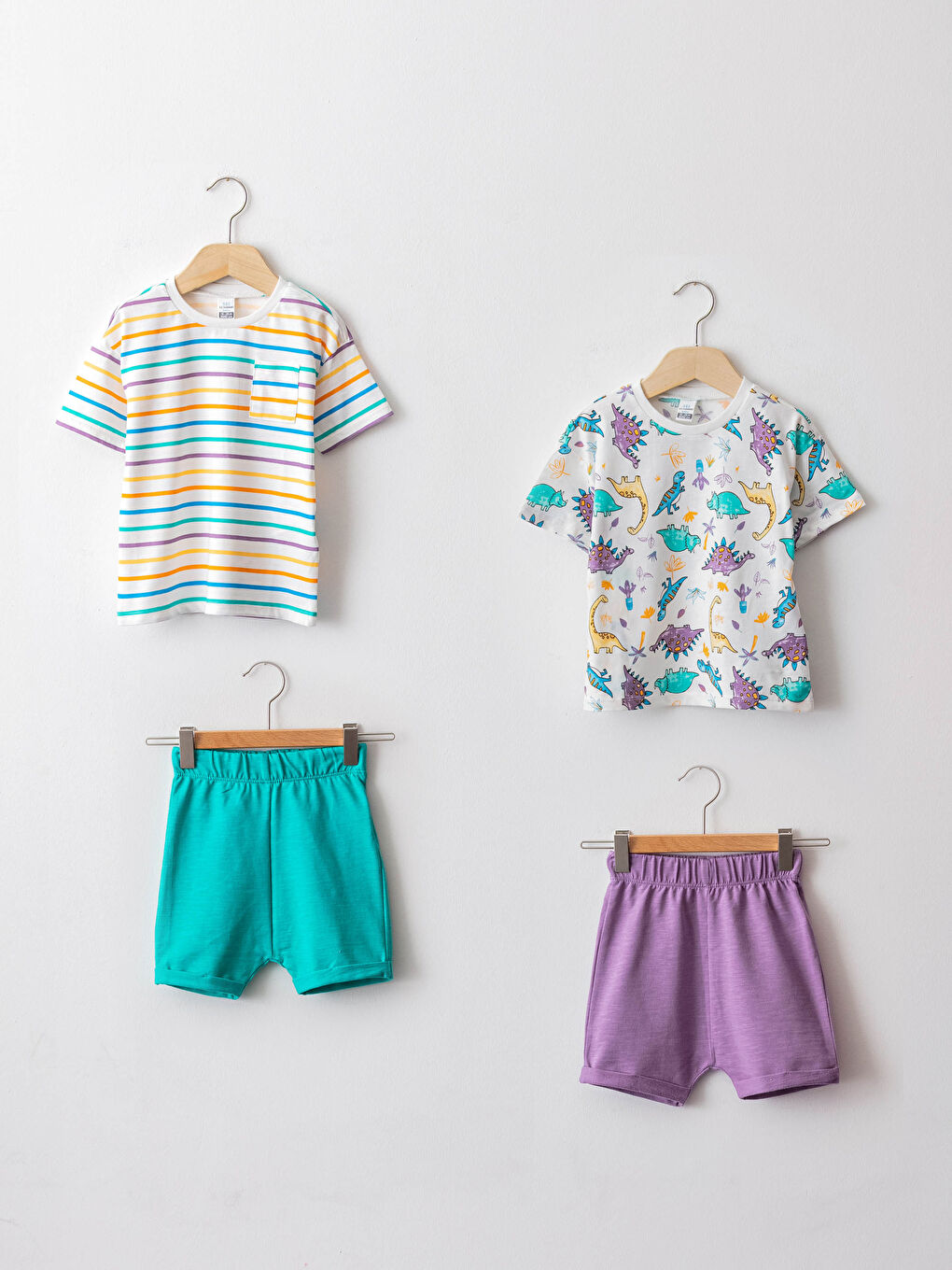 Ensemble 4 Pièces T-Shirt et Shorts en Coton à Col Rond Manches Courtes pour Garçon Bébé