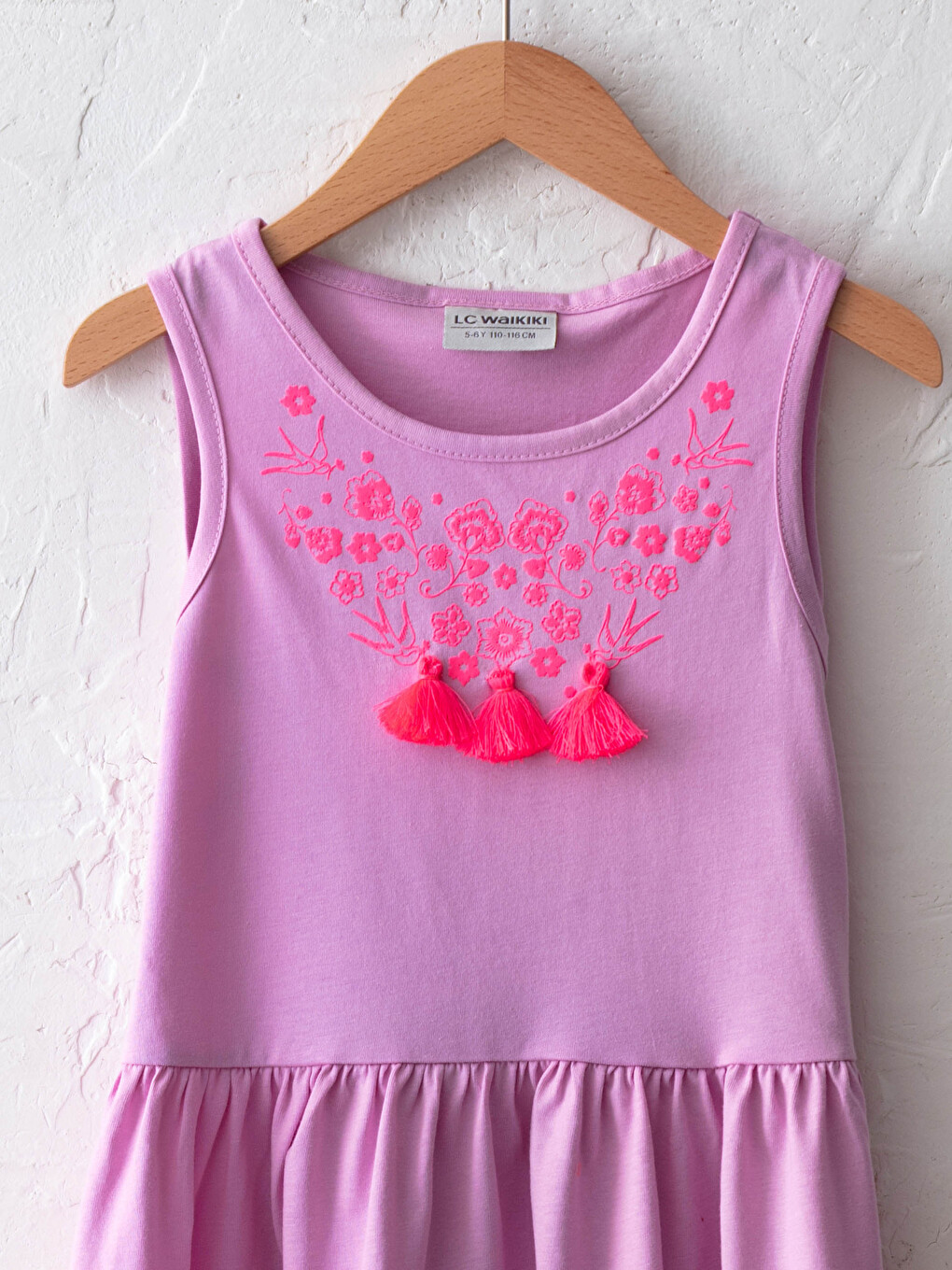 Crew Neck Printed Tassel Detail Cotton Girl Dress-2