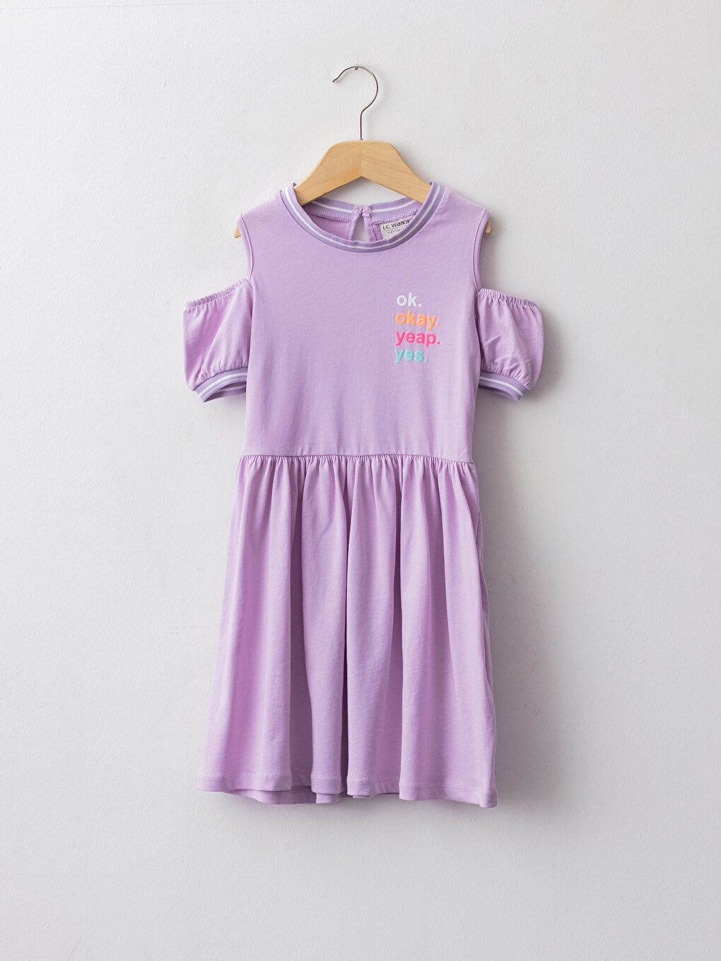Lila Bisiklet Yaka Baskılı Omuzu Açık Kısa Kollu Pamuklu Kız Çocuk Elbise