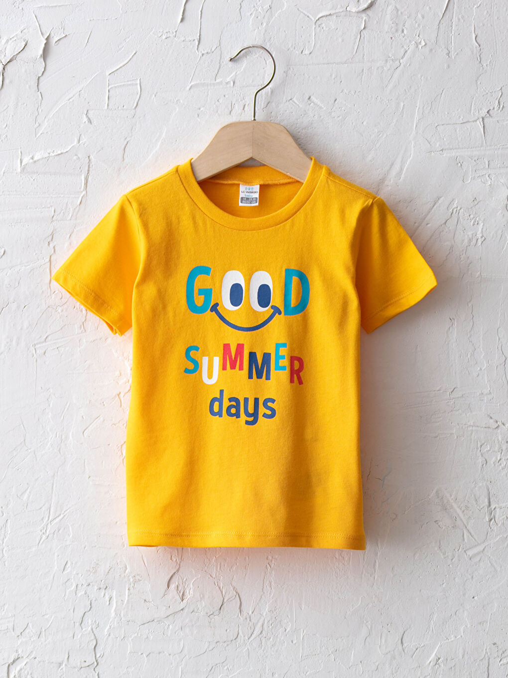 Sarı Yazı Baskılı Bisiklet Yaka Kısa Kollu Pamuklu Erkek Bebek Tişört