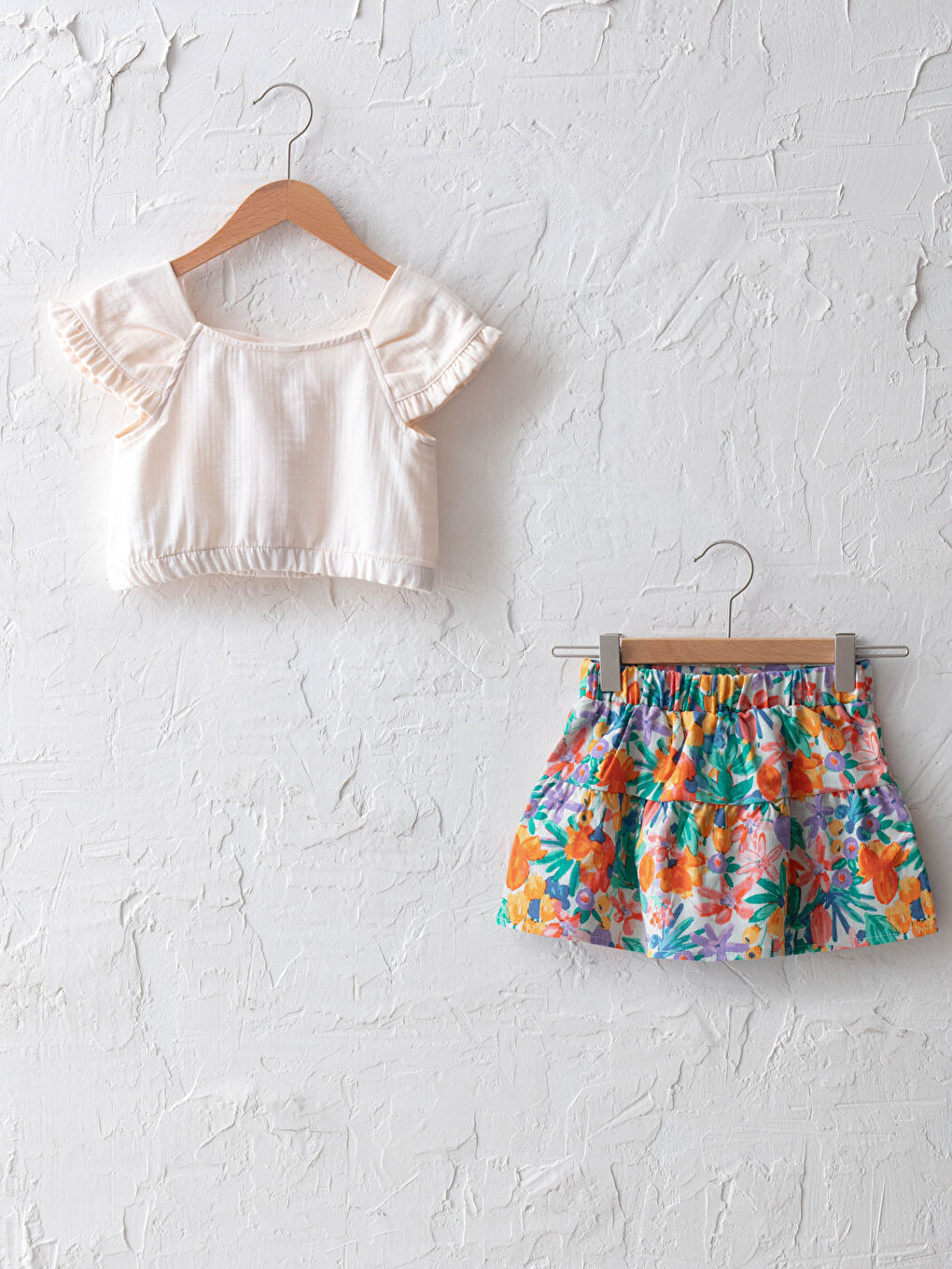 Square Collar Short Sleeve Cotton Blouse and Skirt 2-Piece Set-1