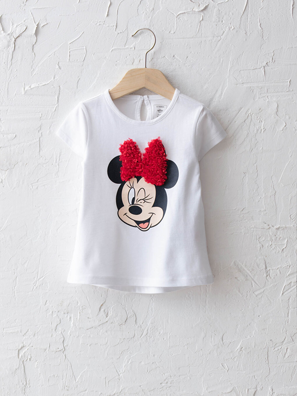 Beyaz Bisiklet Yaka Kısa Kol Minnie Mouse Baskılı Pamuklu Kız Bebek Tişört