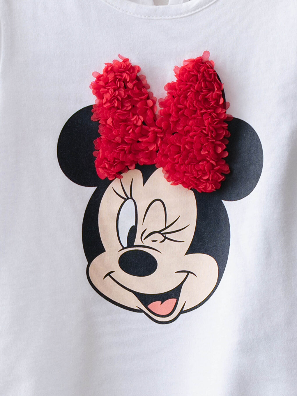 Beyaz Bisiklet Yaka Kısa Kol Minnie Mouse Baskılı Pamuklu Kız Bebek Tişört-2