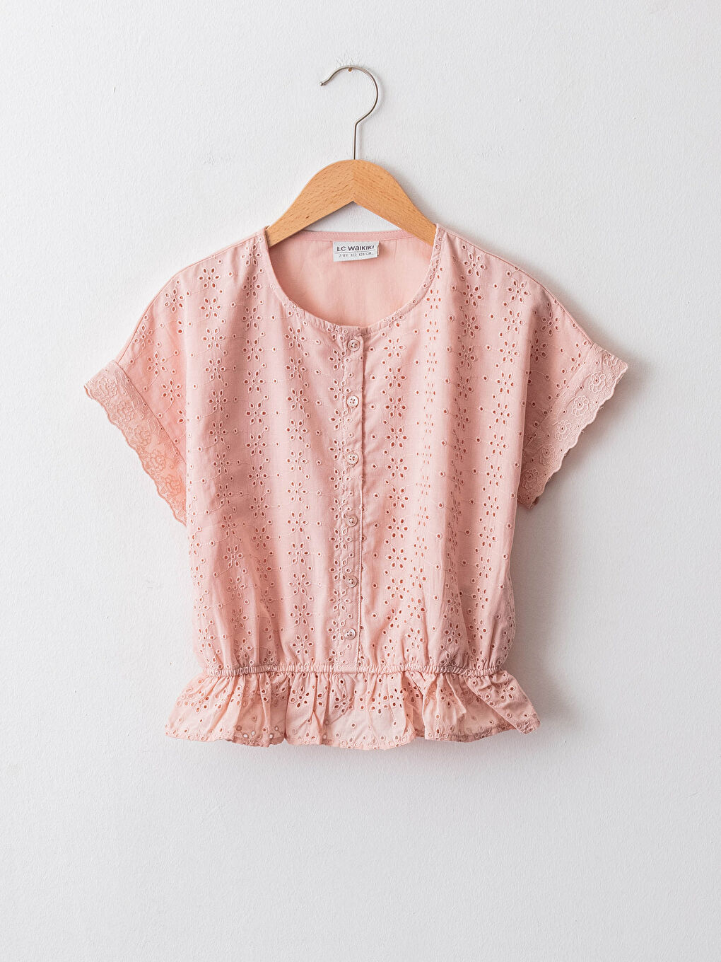 Crew Neck Scalloped Detail Short Sleeve Girls' Blouse