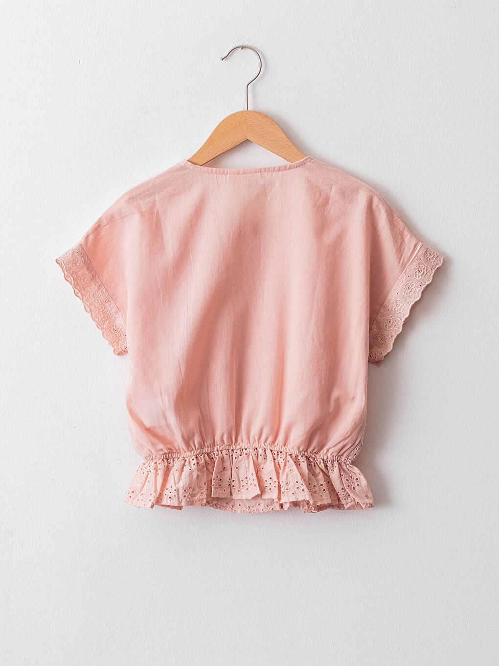 Crew Neck Scalloped Detail Short Sleeve Girls' Blouse-1