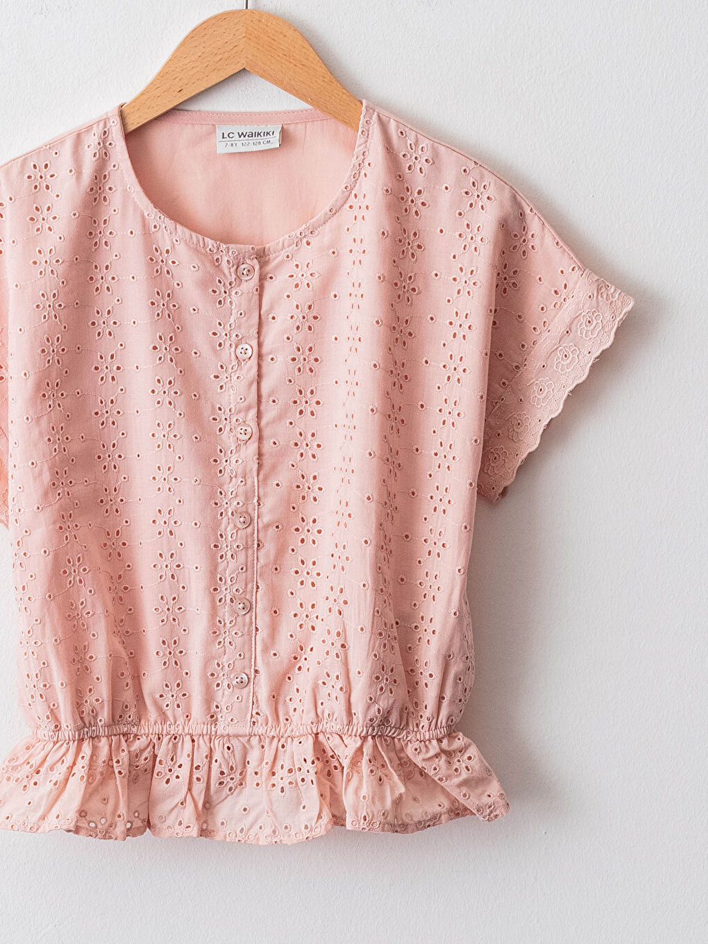 Crew Neck Scalloped Detail Short Sleeve Girls' Blouse-2