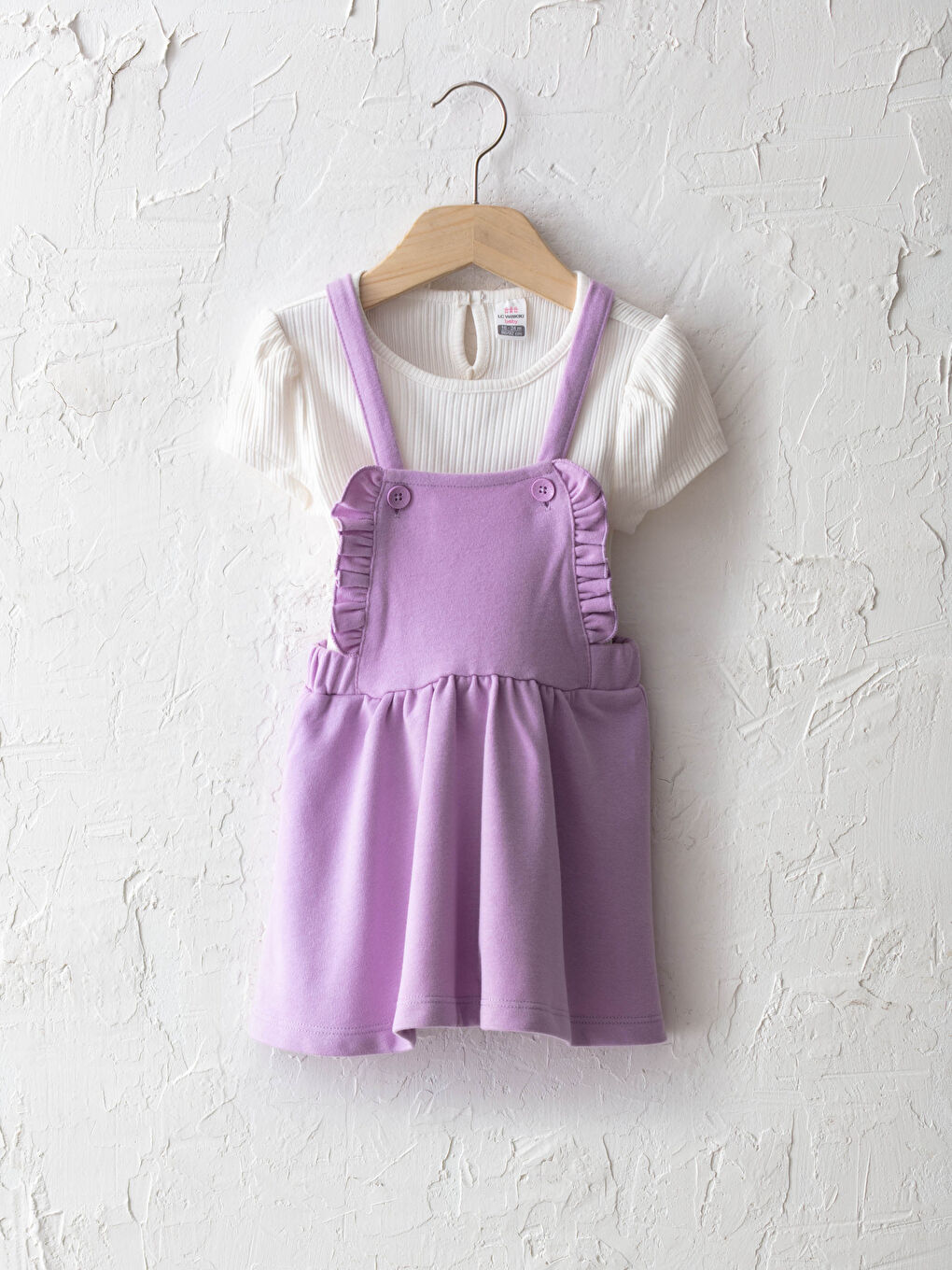 Негізгі дөңгелек жағалы қысқа жеңді қыз балаға арналған футболка мен көйлек 2 бөліктен тұратын жинақ-1