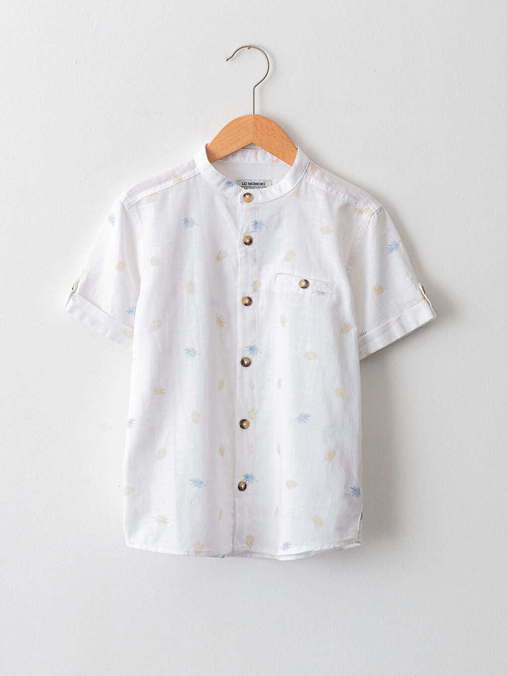 Рубашка для мальчиков из поплина с коротким рукавом и узором, с воротником-стойкой