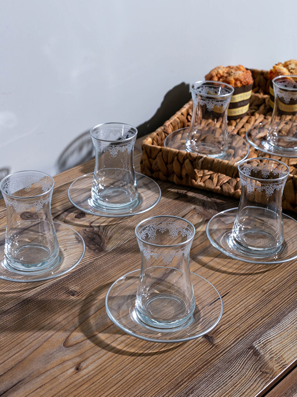 Beyaz Baskılı Çay Bardağı ve Çay Tabağı Seti 12 Parça 132 ml-1