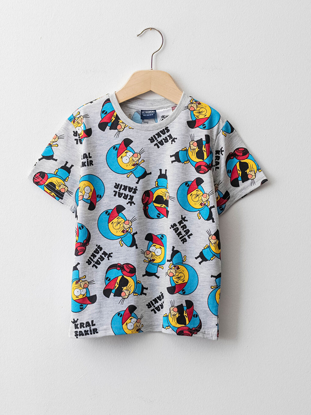 Gri Bisiklet Yaka Kral Şakir Baskılı Kısa Kollu Erkek Çocuk Tişört