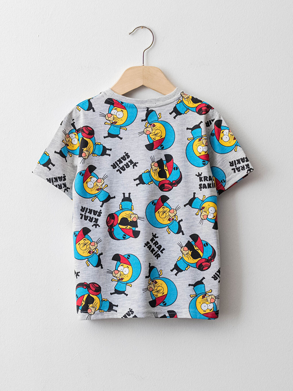 Gri Bisiklet Yaka Kral Şakir Baskılı Kısa Kollu Erkek Çocuk Tişört-1