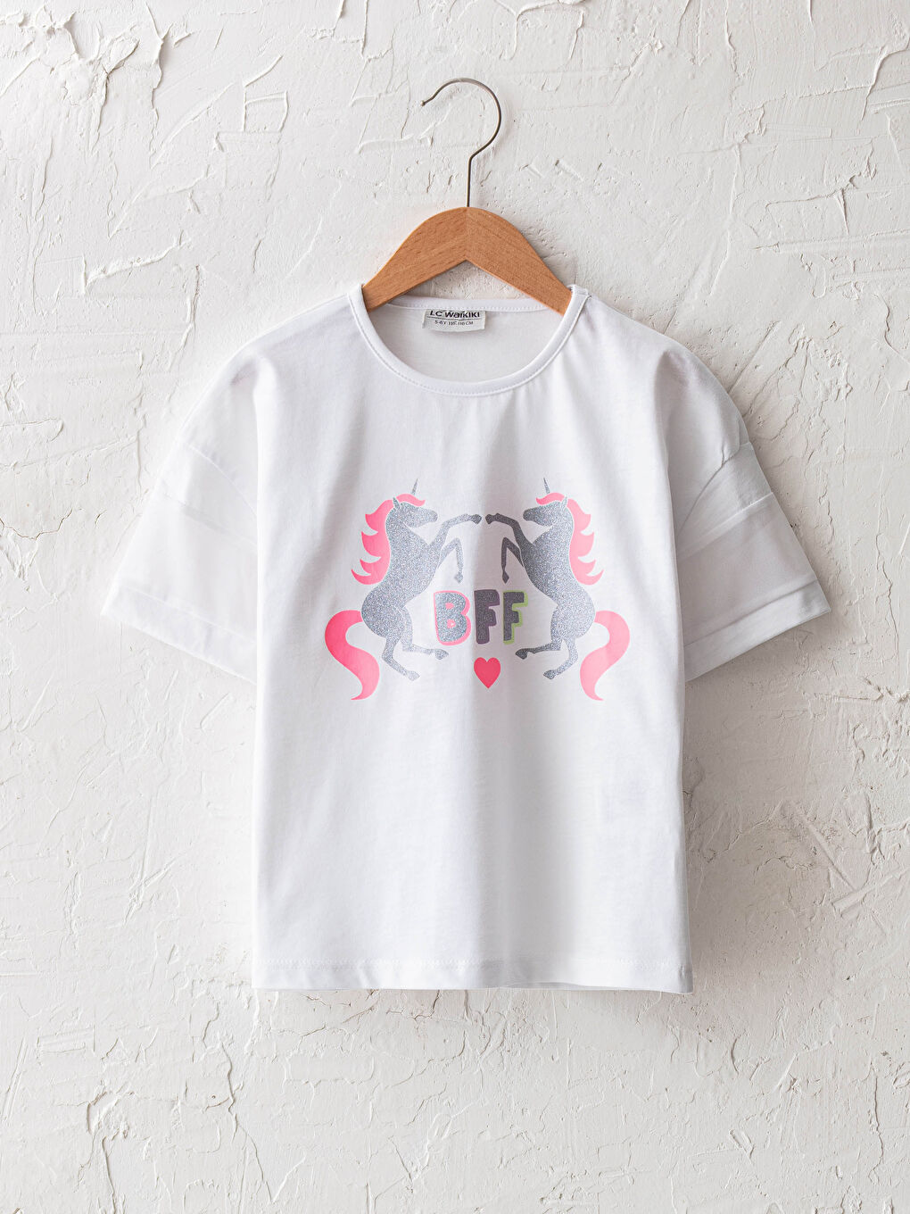 Beyaz Bisiklet Yaka Baskılı Kısa Kollu Kız Çocuk Tişört